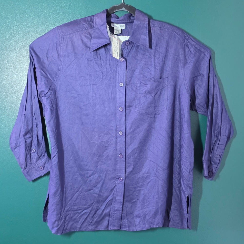 Avenue Purple Button Front Blouse 100% Rayon Long Sleeve Top Plus Size 18/20 NWT